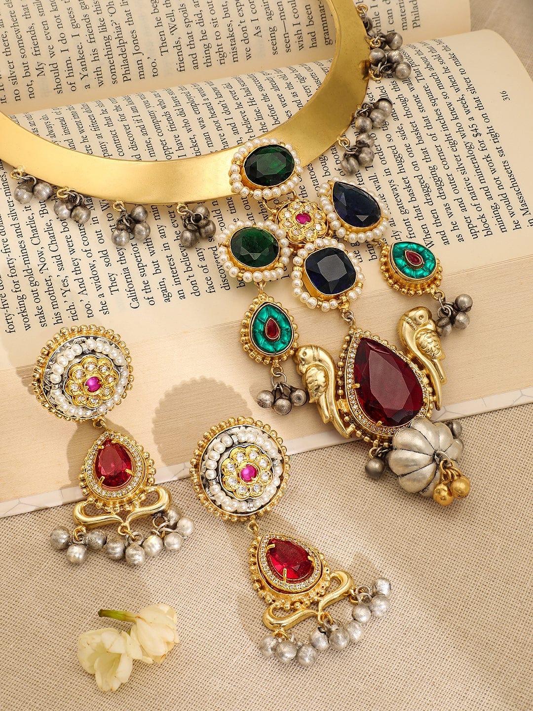 rubans-22k-gold-plated-ruby-emerald-blue-stone-studded-choker-set-with-gold-silver-beads-necklace-set-37493015347374